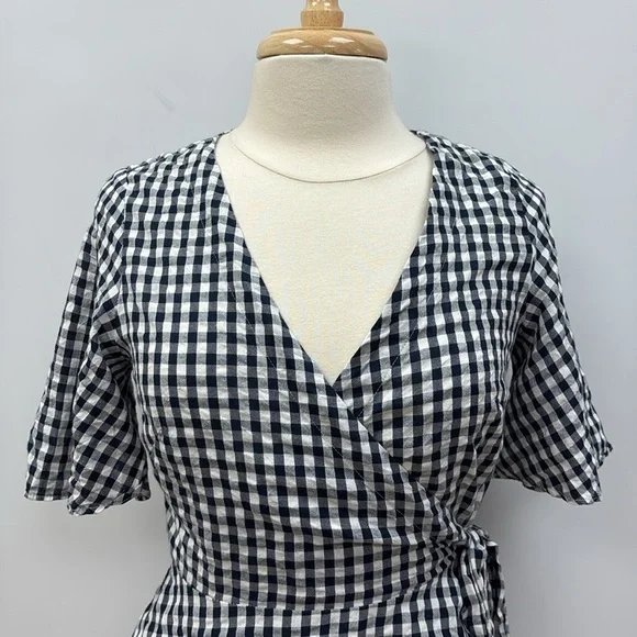 Ann Taylor LOFT Gingham Plaid Surplice V-Neck Wrap Woven Blouse Preppy Navy XS - Picture 3 of 10